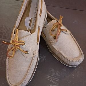 J. Crew Tan Canvas Boat Shoes with Brown Leather Laces